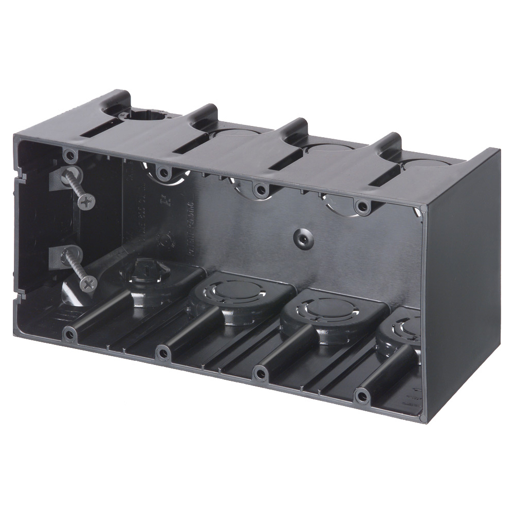 F104 One-Box Versatile Outlet Box With (2) Captive Screws, Knockout, Plastic, 80 cu-in Capacity, 4 Gangs, 4 Outlets, 7.74 in L x 3.74 in W x 3.51 in H
