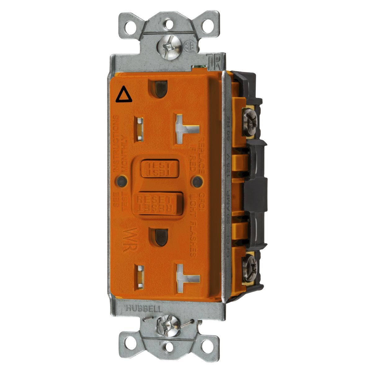 GFTWRST20ORIG 1-Phase Heavy Duty Self-Test Isolated Ground Standard Tamper/Weather Resistant Screw Mount GFCI Receptacle With Alarm, 125 V AC, 20 A, 2 Poles, 3 Wires, Orange