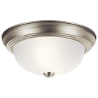 The current and pleasing lines of this flush mount ceiling fixture done in Brushed Nickel finish with Satin-Etched Glass will blend into many decors. 2-Light, 60-W Max.  (M). Diameter 11 1/2in., Height 6 1/2in..