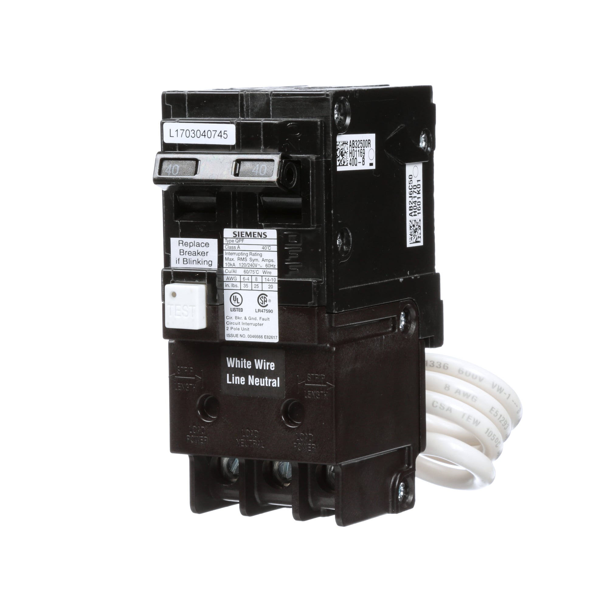 QF240A Type GFCI Ground Fault Circuit Breaker, 120/240 V AC, 40 A, 10 kA Interrupt, 2 Poles, Thermal Magnetic Trip