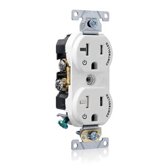 TBR20-S2W Duplex Self-Grounding Tamper Resistant Straight Blade Receptacle With 2 Plug Controlled Marking, 125 V AC, 20 A, 2 Poles, 3 Wires, White