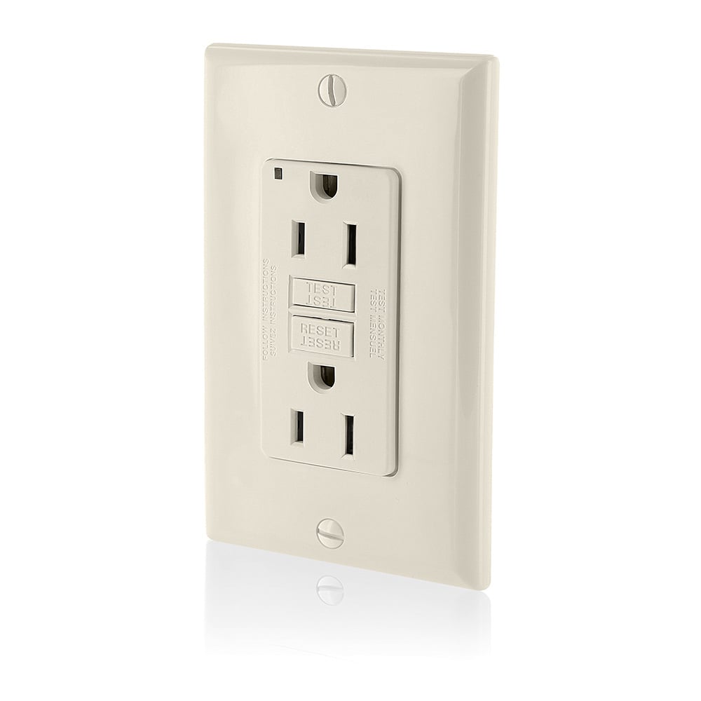 GFNT1-T SmartlockPro Slim Feed Through Monochromatic Non-Tamper Resistant Self-Test Standard Duplex GFCI Receptacle With LED Indicator, 125 V AC, 15 A, 2 Poles, 3 Wires, Light Almond