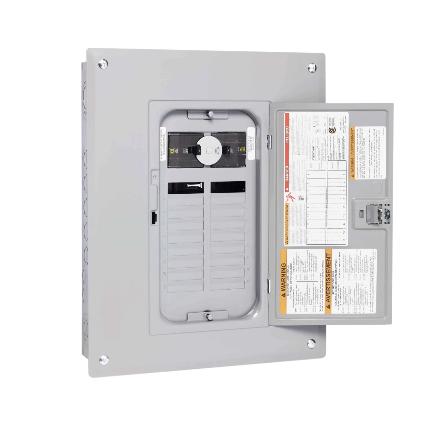 Generator panel, QO, 1 phase, 18 spaces, 36 circuits, 60A main breaker, PoN, NEMA1, cover with door