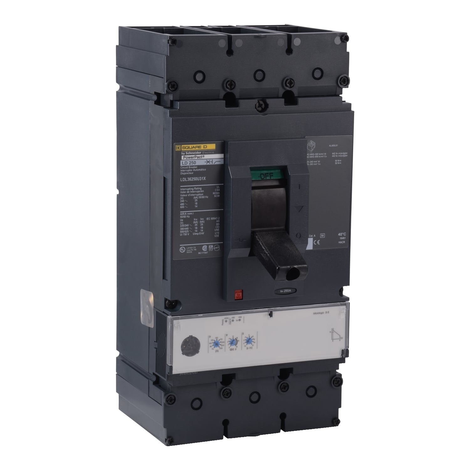 LDL36250U31X PowerPact Current Limiter Standard L Molded Case Circuit Breaker, 600 VAC, 250 A, 14/18/25 kA Interrupt, 3 Poles, Electronic Trip