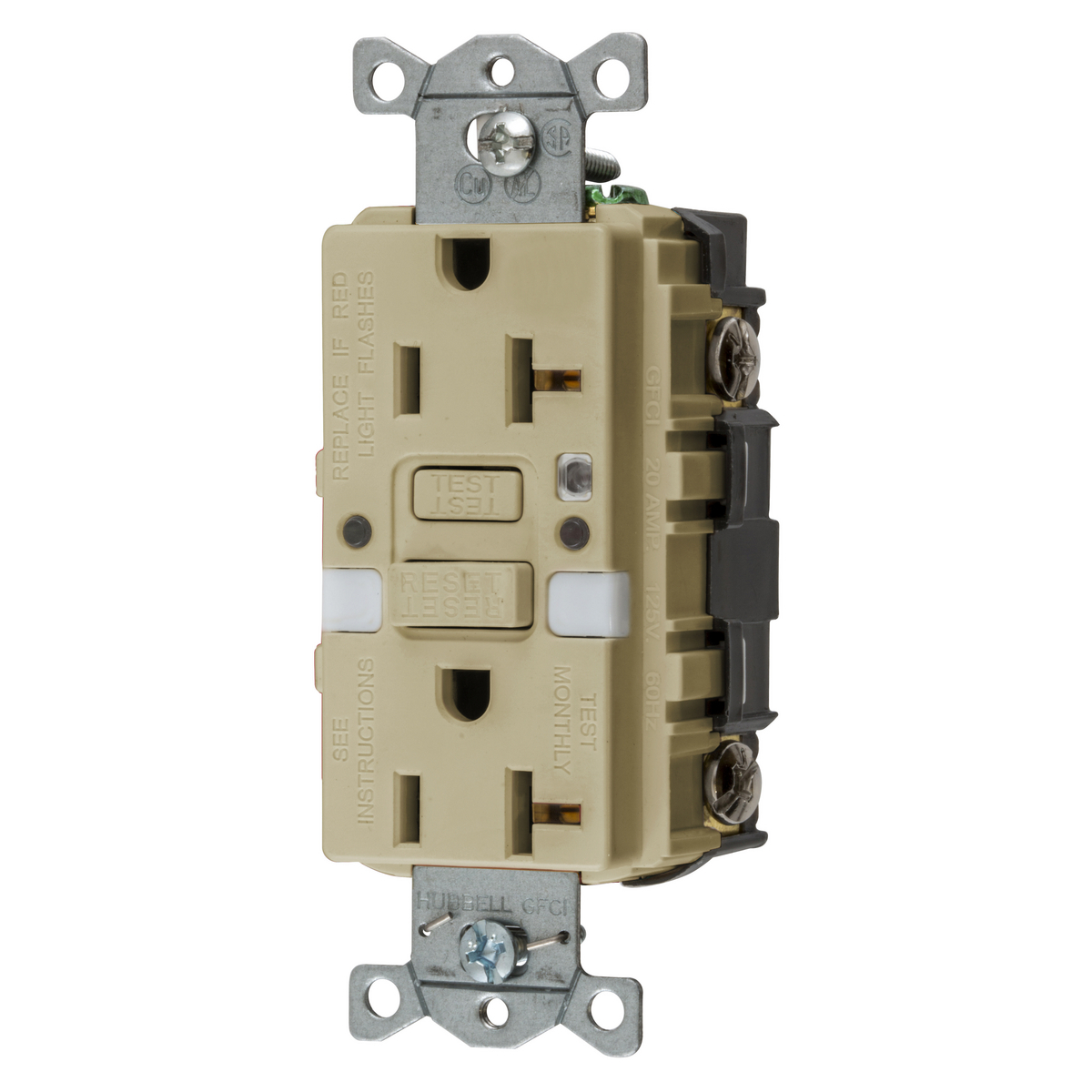 GFRST20INL 1-Phase Decorator Duplex Grounding Heavy Duty Standard Self-Test Straight Blade Screw Mount GFCI Receptacle With Two LED Nightlight, 125 V AC, 20 A, 2 Poles, 3 Wires, Ivory