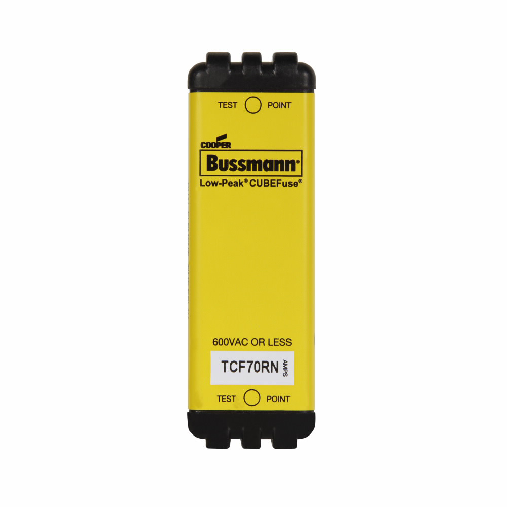 Eaton Bussmann series TCF fuse, 70 A, 60 Hz, 50 Hz, Dual, CF, Black, Non-indicating, Blade end, Time delay, 10 sec at 500%, 100 kAIC at 300 Vdc,300 kAIC at 600 V, Glass filled PES, Chassis,35 mm DIN rail, 600 V, 300 Vdc