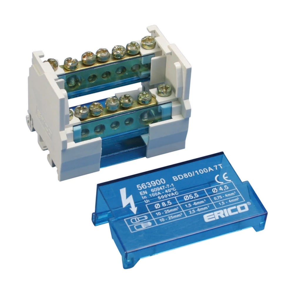 BD-80-100AL ERI2 Type BD Distribution Block, 500 V AC, 80/100 A, 2 Poles, 10 to 25 sq-mm, (6) 1.5 to 4 sq-mm, (7) 2.5 to 6 sq-mm Wire