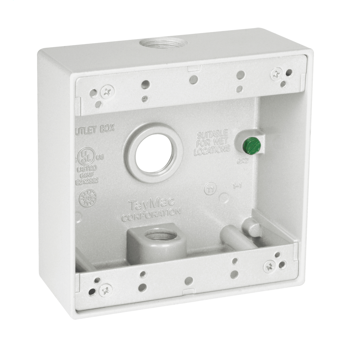 DB350WH Weatherproof Outlet Box, Die Cast Metal, 32 cu-in Capacity, 2 Gangs, 3 Outlets, 4-1/2 in L x 4-1/2 in W x 2 in D