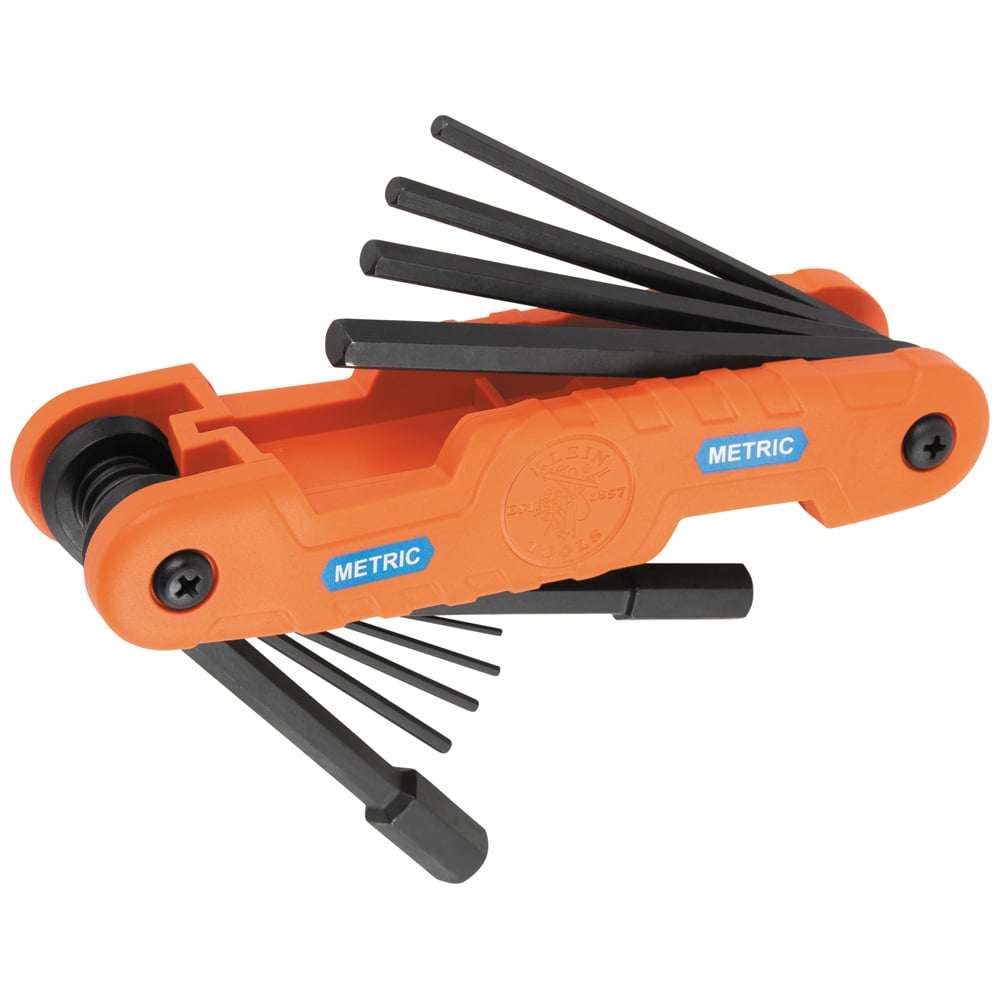 Klein Tools' Pro Folding Hex Key line features a highly durable reinforced nylon handle with easy access to each key. The heavy-duty 10-Piece set includes 4-Inch-long extended reach blades and a strategically placed #2 Phillips fastener on the outer body for effortless key tension adjustment. Klein Tools' hex sets are color-coded for quick identification: red for inch, blue for mm, and green for Torx, enhancing efficiency.