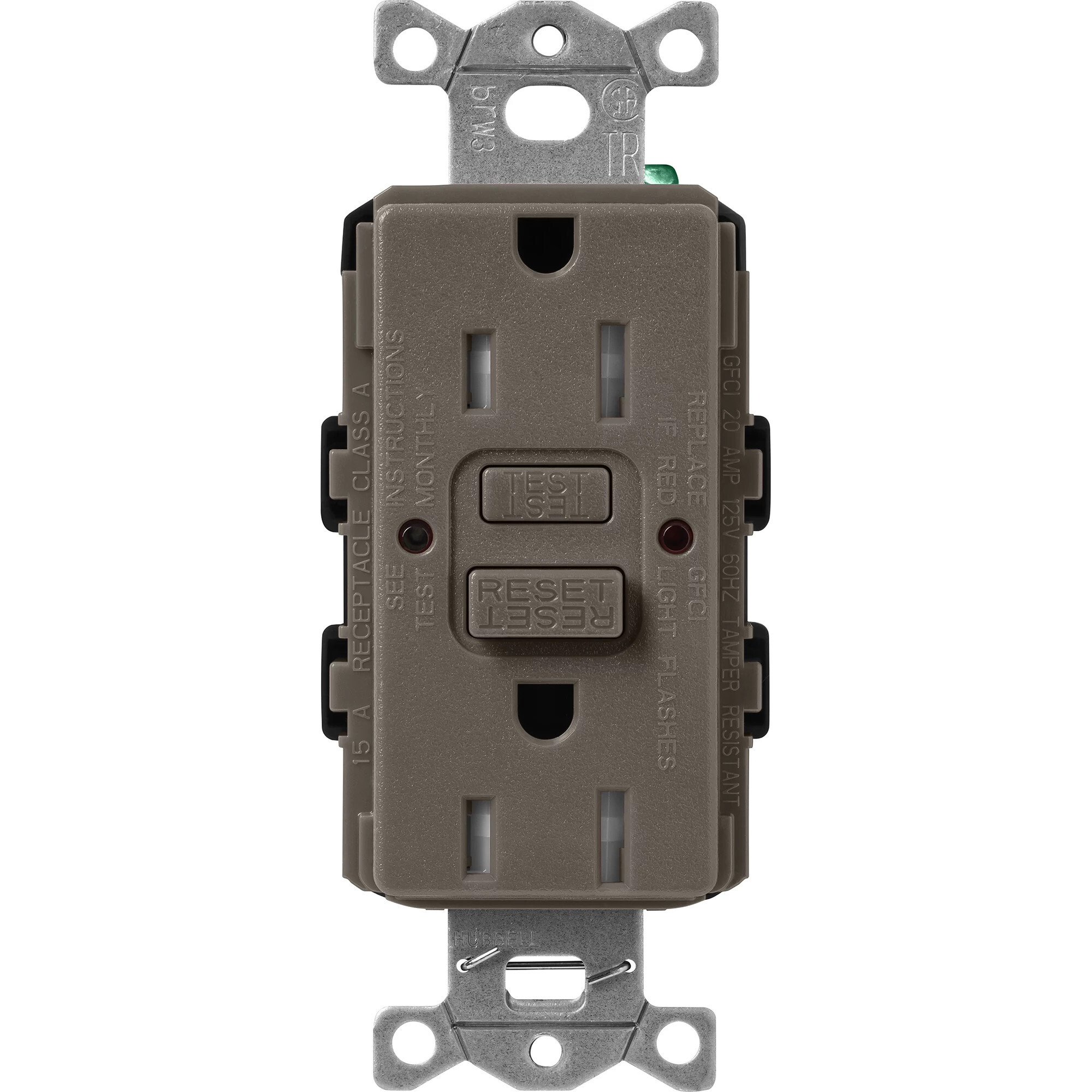 SCR-15-GFST-TF Claro Tamper-Resistant GFCI Duplex Receptacle, Decorator-Style Outlet, 15 Amp, Self-Testing, Satin, Truffle