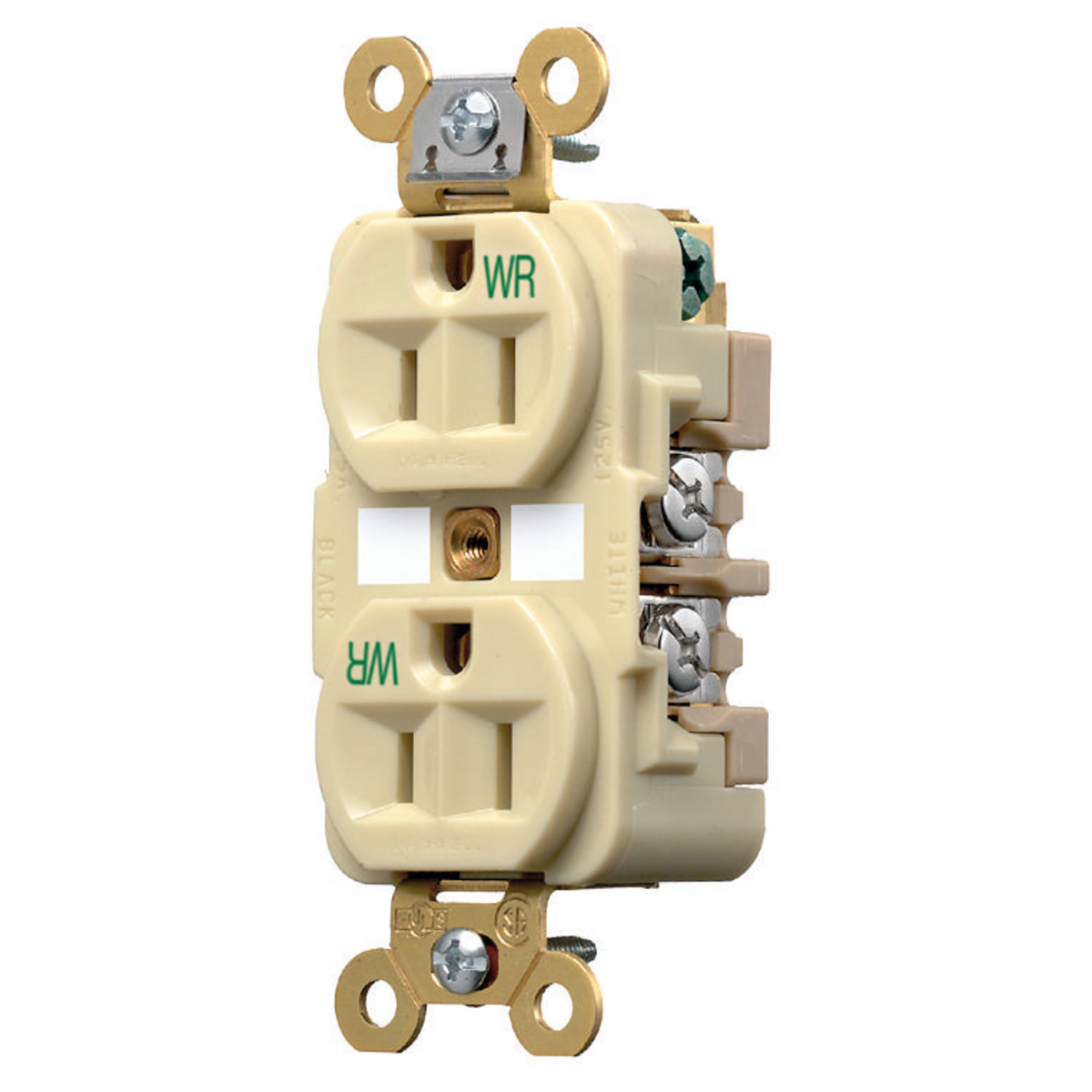 HBL5262IWR Grounding Extra Heavy Duty Straight Blade Duplex Receptacle, 125 V AC, 15 A, 2 Poles, 3 Wires, Ivory