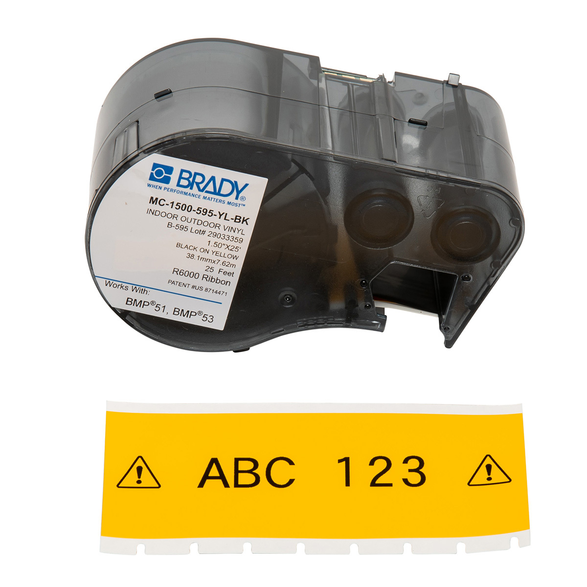 MC-1500-595-YL-BK M Series Label Maker Cartridge, 25 ft L x 1-1/2 in W, For Use With BMP 53 and BMP 51 Label Maker, B-595 Vinyl, Black on Yellow