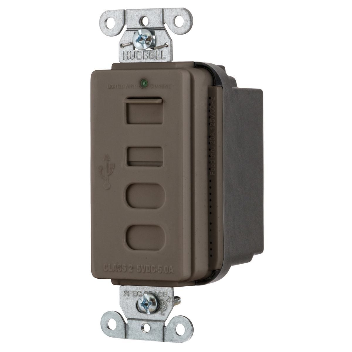 USB4AC Decorator Duplex Tamper-Resistant Receptacle and USB Charger, 125 V AC, 15 A, 2 Poles, 3 Wires, Brown