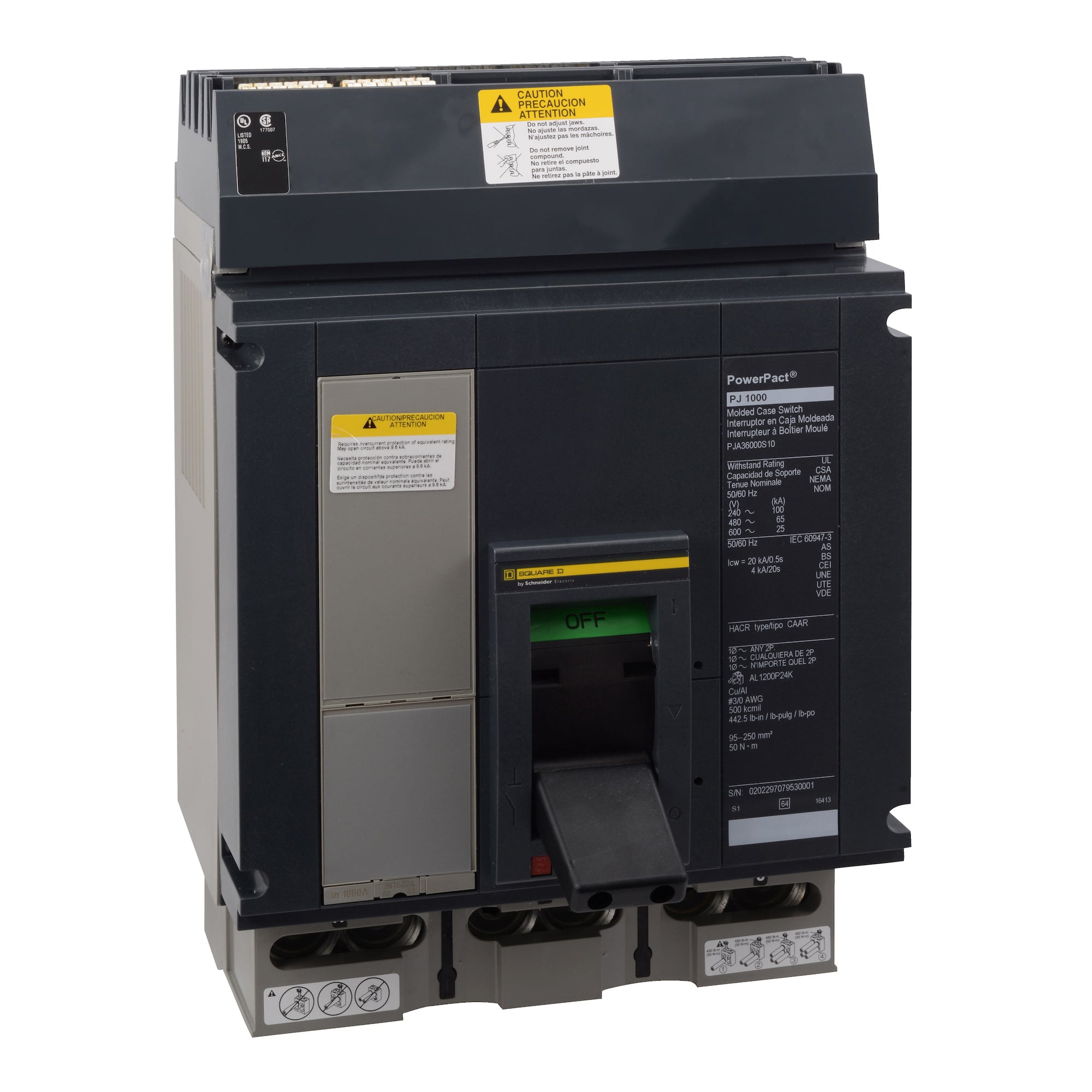 PKL36000S60 Power Pact Automatic Switch, 600 V AC, 600 A, 65 kA at 240 V/50 kA at 600 V/50 kA at 480 V Interrupt, 3 Poles, Magnetic Trip