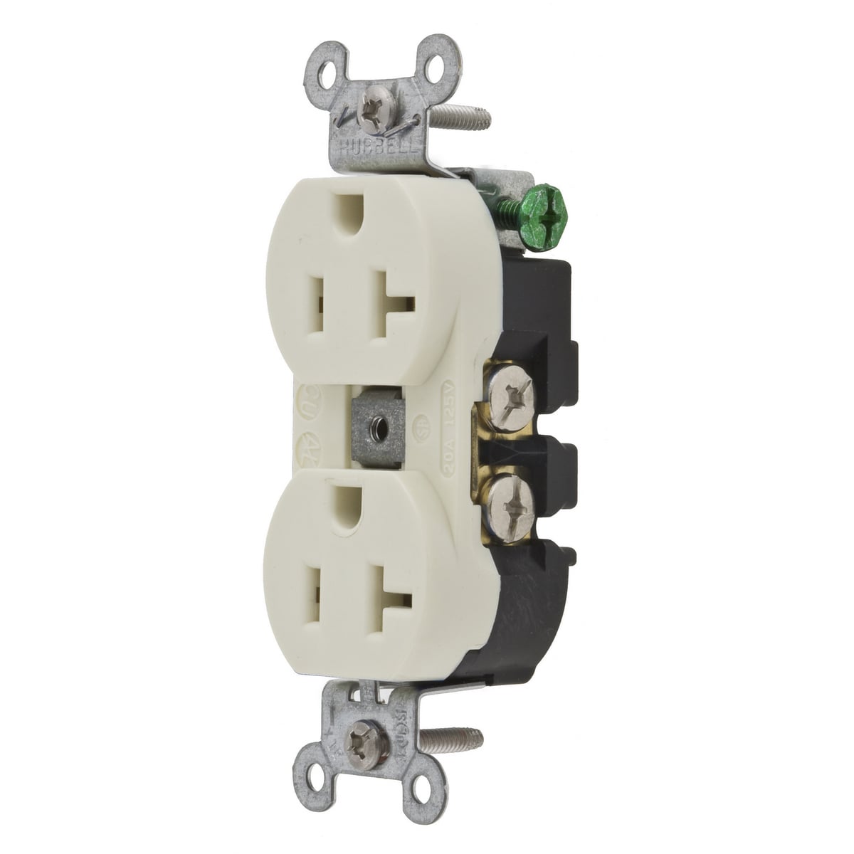 5352AAL 1-Phase Duplex Heavy Duty Self-Grounding Standard Traditional Straight Blade Receptacle, 125 VAC, 20 A, 2 Poles, 3 Wires, Almond