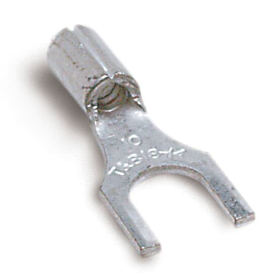 B14-10F Sta-Kon B Series Non-Insulated Fork Terminal, 18 to 14 AWG Conductor, 3/4 in L, Brazed Seam/Serrated Barrel, Copper, Metallic