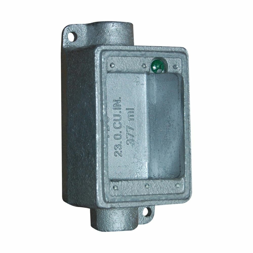 FDCM1 Condulet 2-Entry Deep Device Box With Mounting Lug And Ground Screw, 1/2 in Trade, 1 Gang, Malleable Iron, Electro-Plated Zinc