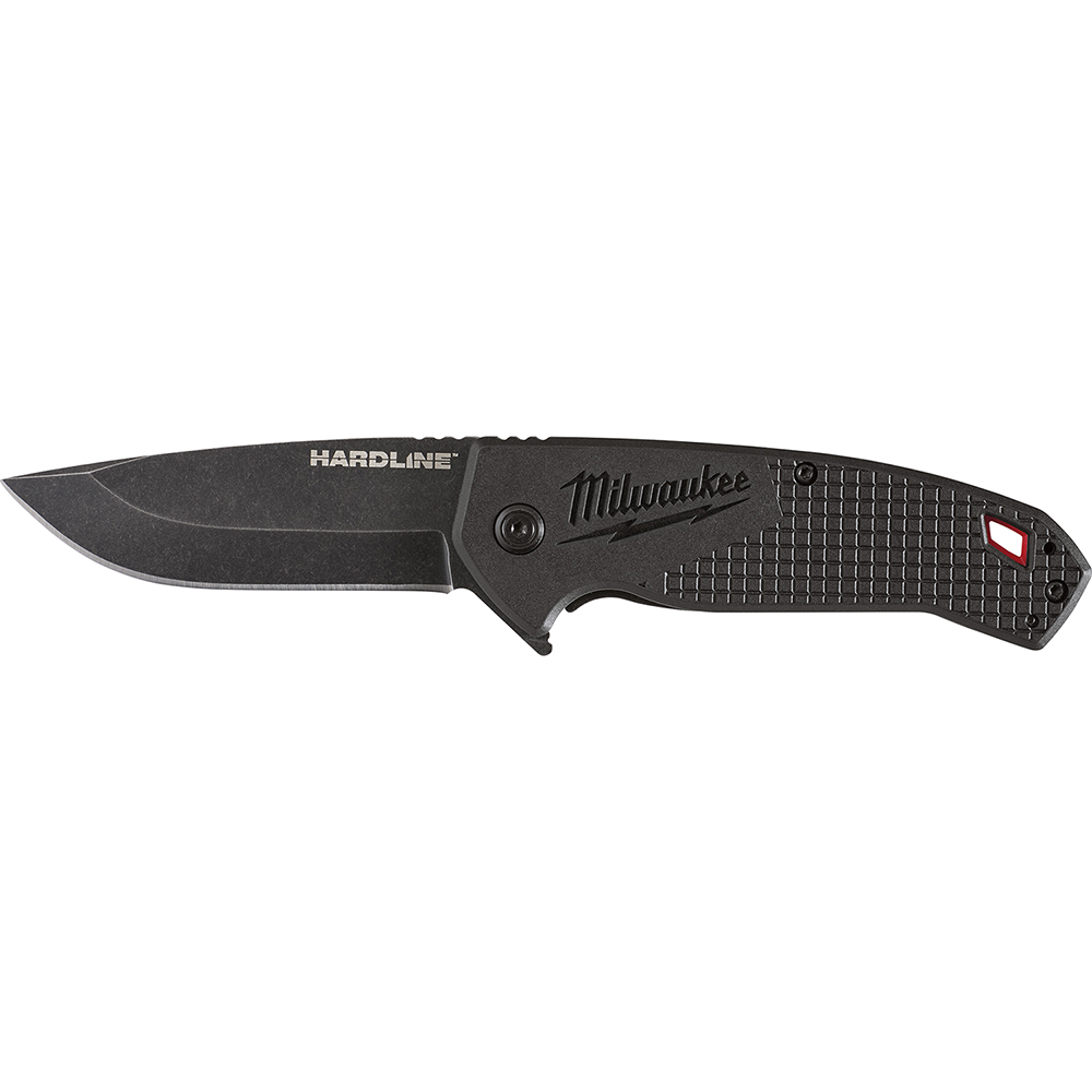 48-22-1994 Hardline Lockable Blade Folding Pocket Knife, D2 Steel Drop Point Smooth Blade, 3 in L Blade, Stainless Steel Grip