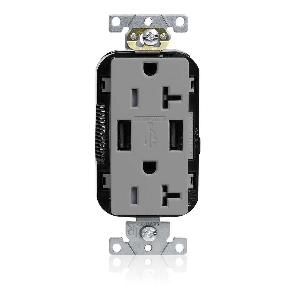 M58AA-GY Lev-Lok Combination Duplex Heavy Duty Self-Grounding Smooth Face Tamper-Resistant USB Receptacle, 125 V AC, 20 A, 18 W, 1 hp, 2 Poles, 3 Wires, Gray