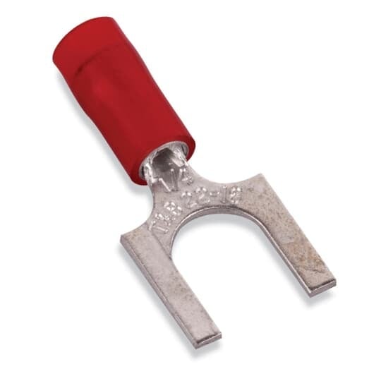 RA1123 Sta-Kon RA Series Insulated Fork Terminal, 22 to 16 AWG Conductor, 0.83 in L, Brazed Seam/Serrated Barrel, Copper, Red