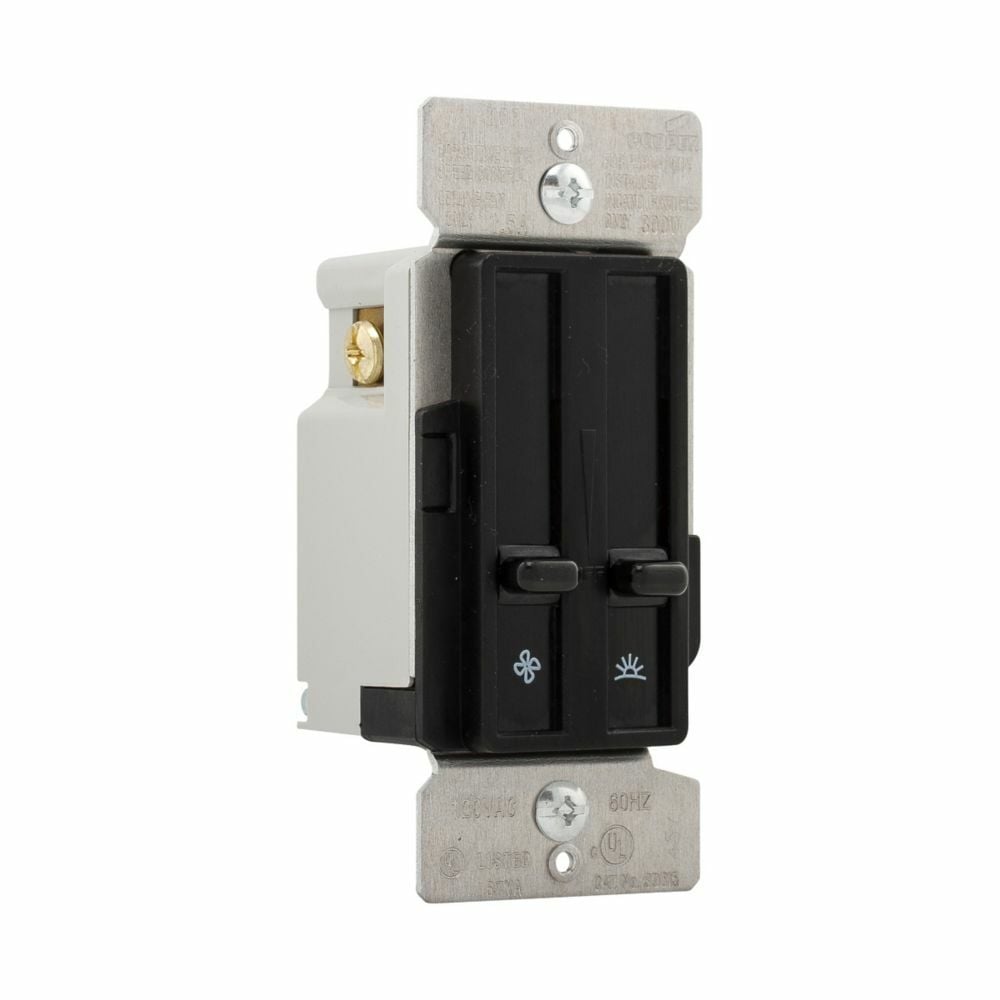 Eaton dimmer and fan speed control, No neutral required, #14 -12 AWG, Flush, 120 Vac, Back and side, Maintained, Black, 60 Hz, Incandescent, MLV, ELV, Fan, Halogen, Single-pole, Single pole, Single-phase, Polycarbonate, 300W 713002