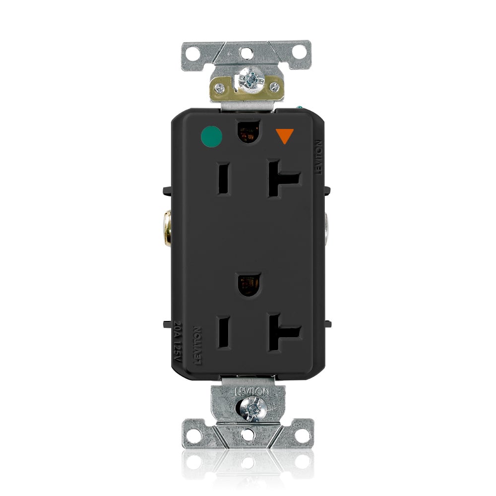 D8300-IGE Decora Plus D8300-IG Duplex Heavy Duty Isolated Self-Grounding Smooth Face Straight Blade Receptacle, 125 V AC, 20 A, 2 Poles, 3 Wires, Black