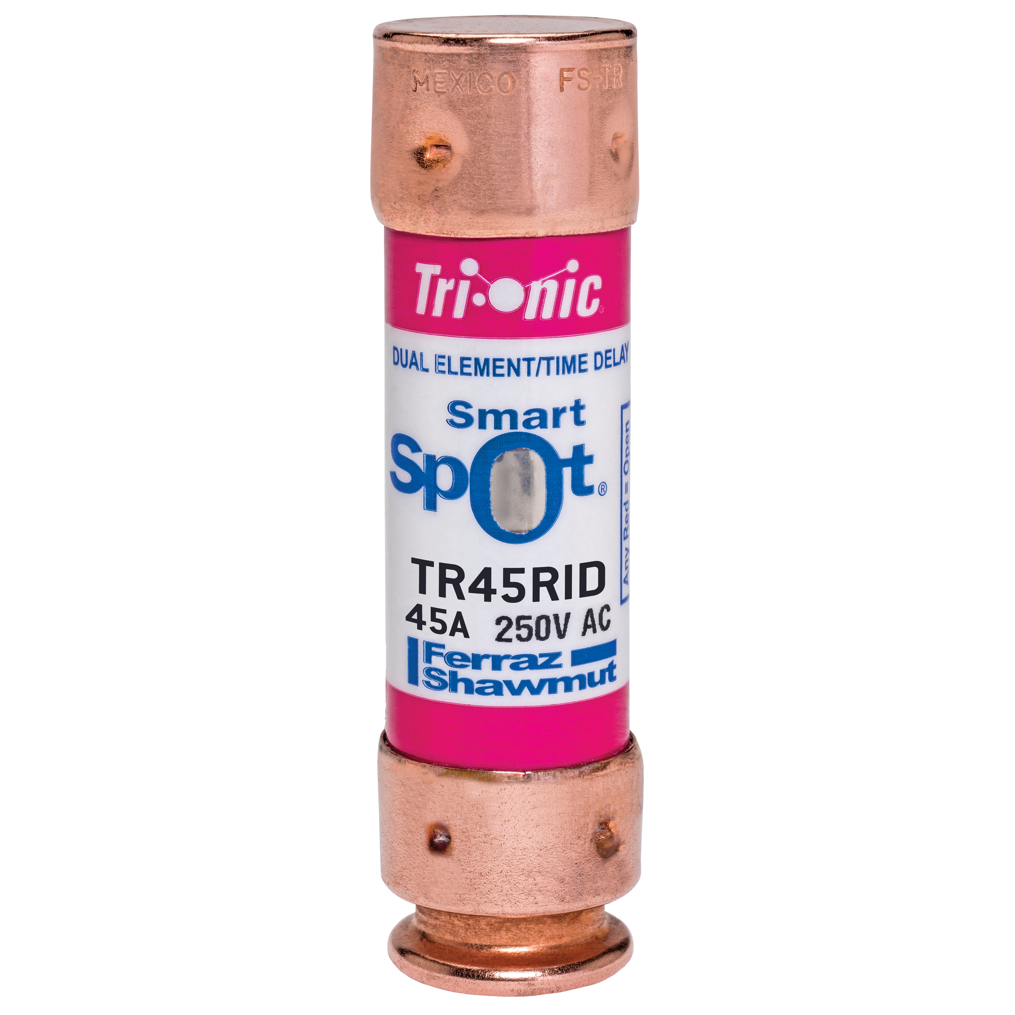 TR45RID Tri-Onic SmartSpot Current Limiting Low Voltage North American Style Time Delay Fuse With Blown Fuse Visual Indication, 45 A, 250 V AC, 200 kA Interrupt, RK5 Class, Cylindrical Body