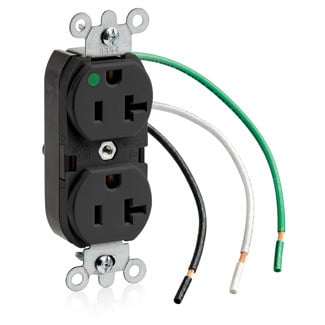 8300-LE 1-Phase Duplex Heavy Duty Grounding Slim Straight Blade Receptacle, 125 V AC, 20 A, 2 Poles, 3 Wires, Black