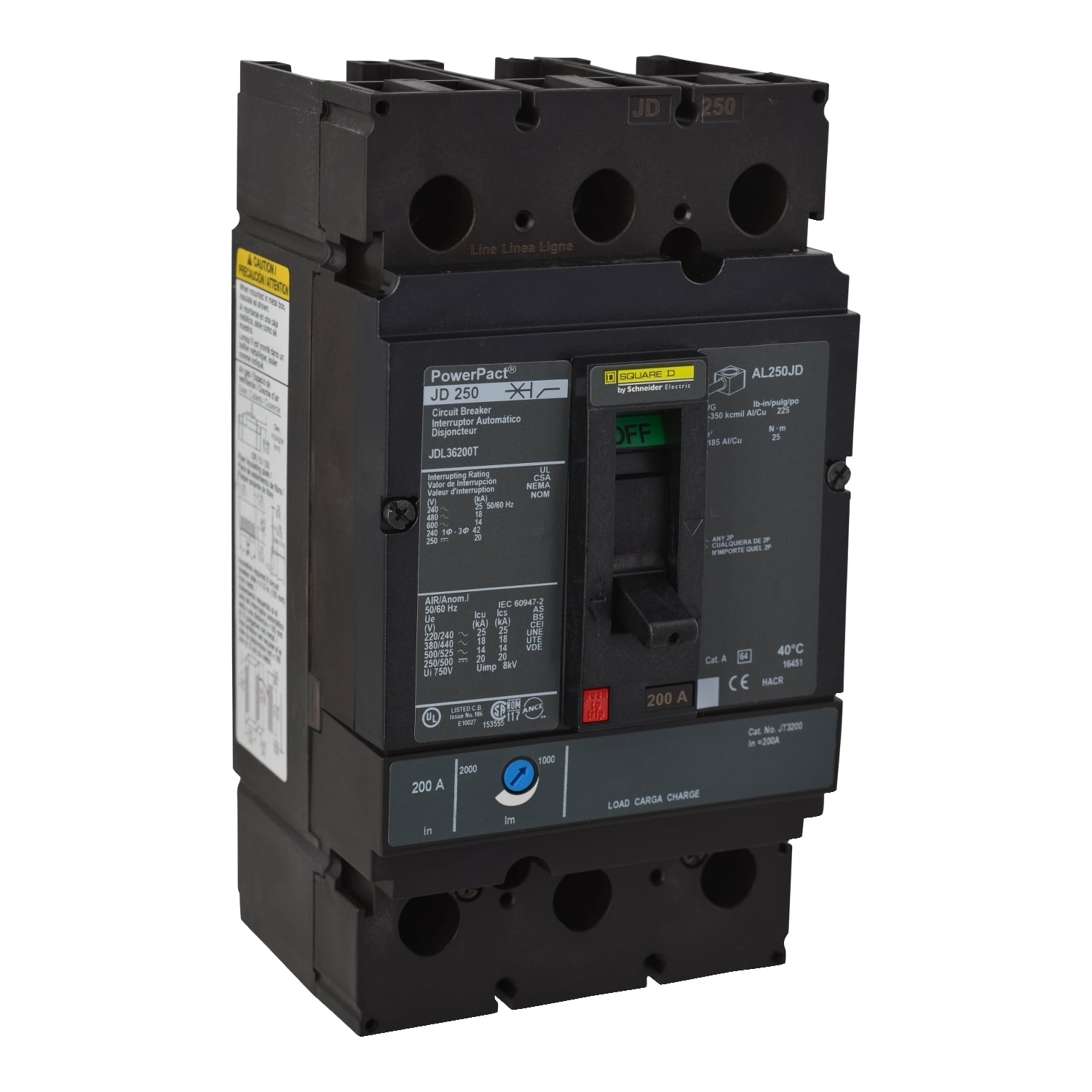 JDL36200T PowerPact Type JDL Molded Case Circuit Breaker, 600 VAC, 250 VDC, 200 A, 14/18/20/25 kA Interrupt, 3 Poles, Thermal Magnetic Trip
