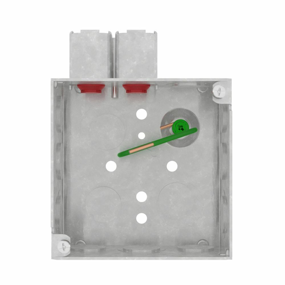 Eaton Crouse-Hinds series Quick-Lok 4" square outlet box, (2) 1/2",  (2) 1/2"+ 3/4" E bottom KOs, Solid wire, 2 cable KOs, Welded, 2-1/8" depth, Steel, (6) 1/2", (4) 1/2" + 3/4" E side KOs, Includes pigtail, 30.3 cu in