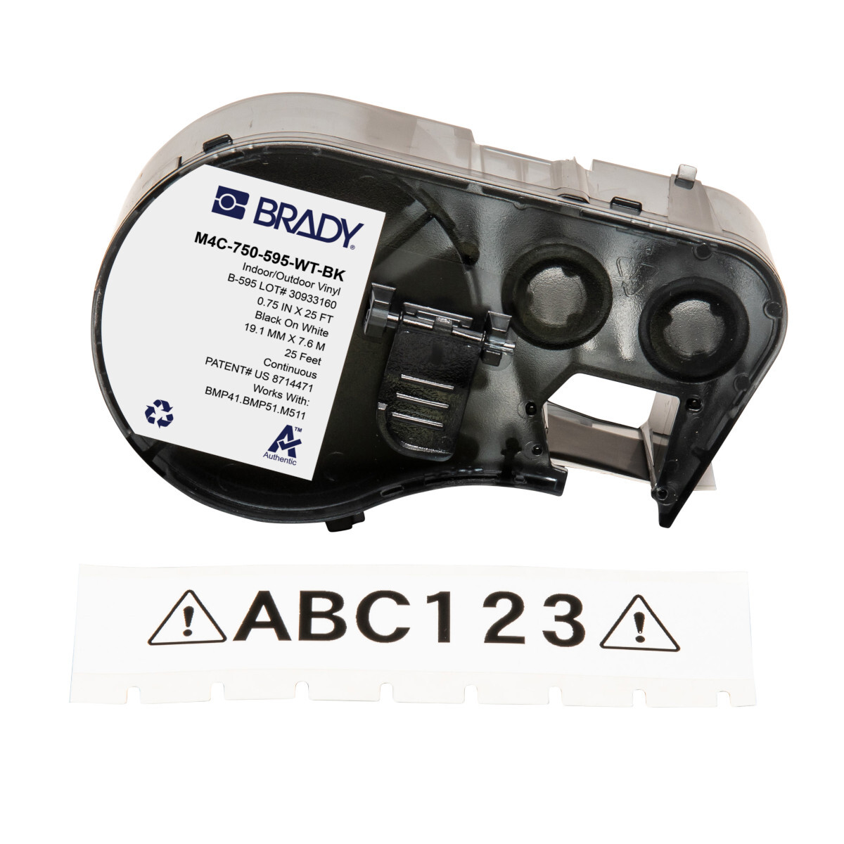 M4C-750-595-WT-BK General Permanent Adhesive Label, 20 ft L x 0.75 in W, Black on White, B-595 Vinyl