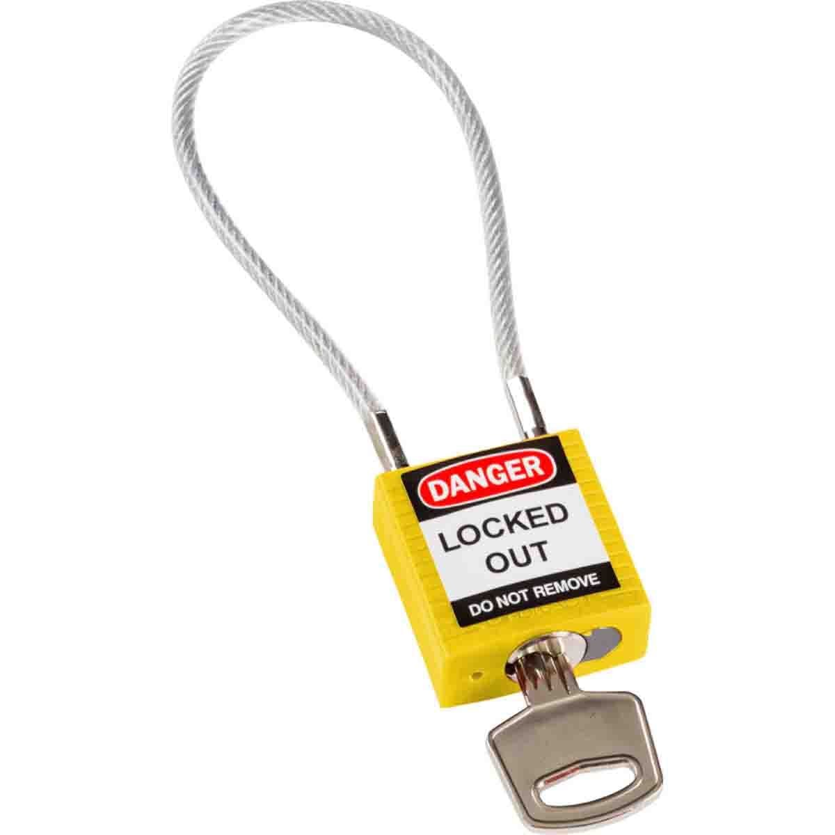 146121 Safety Padlock, Different Key, Yellow, Nylon Body, 0.16 in Dia x 4.2 in H x 3/4 in W Steel Shackle, 1.31 in L Body