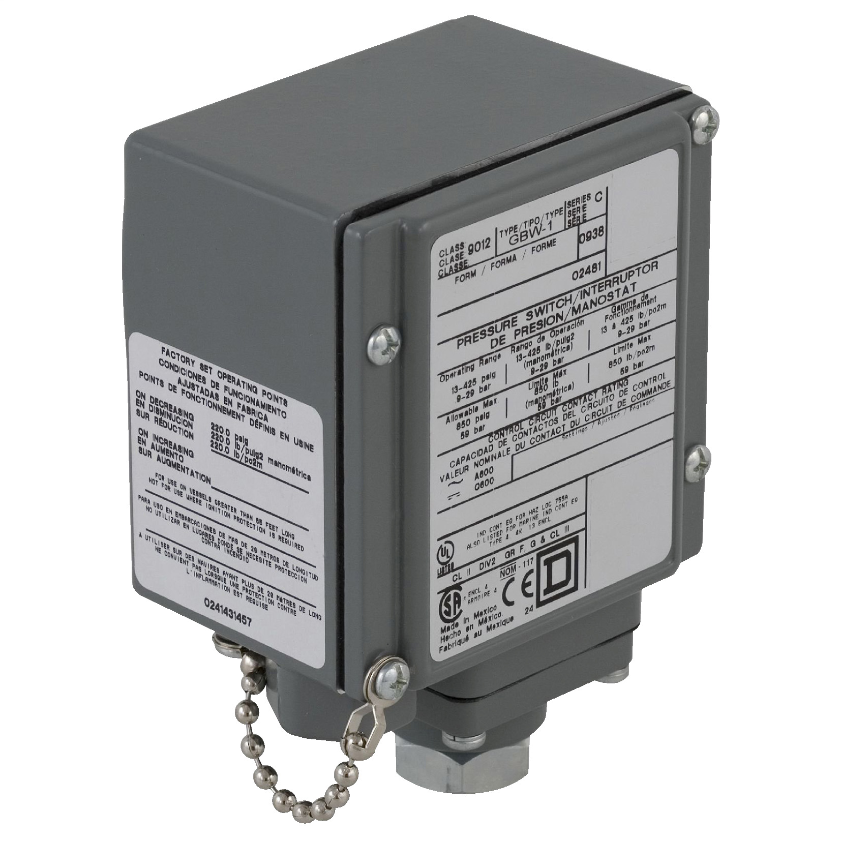 9012GEW21G18Z18 9012GE Series Fixed, 425 psi pressure, 27 psi +/- 2.5 % Full Scale differential, 2NO-2NC 2 Form Z DPDT-DB contact, Screw Clamp Terminal connection