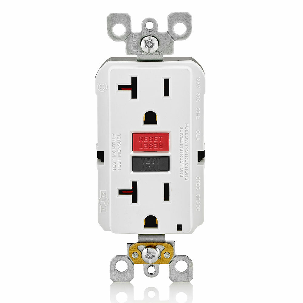 GFNT1-RW Decora Duplex Feed Through Monochromatic Self-Test Slim Standard GFCI Receptacle, 120 V AC, 15 A, 2 Poles, 3 Wires, White