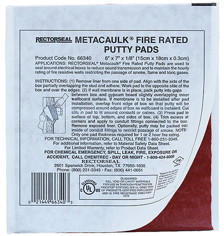 FRP67 Fire Rated Putty Pad, 1 to 2 hr Fire Rating, Red