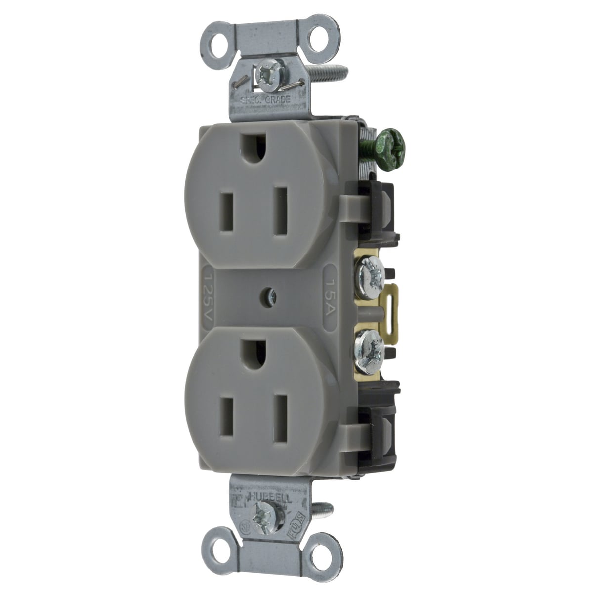 BR15GRY 1-Phase Duplex Self-Grounding Standard Traditional Screw Mount Straight Blade Receptacle, 125 V AC, 15 A, 2 Poles, 3 Wires, Gray