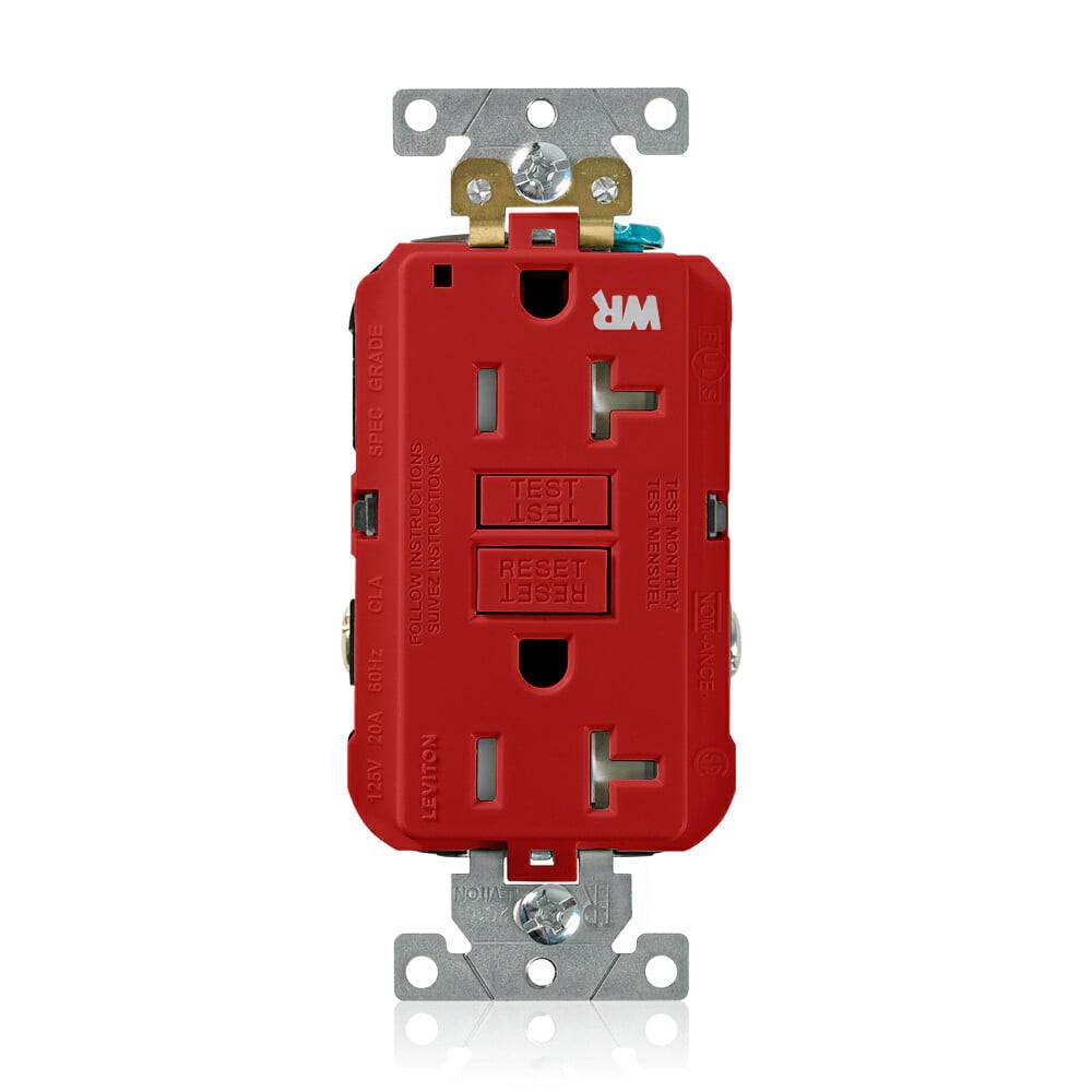 G5362-WTR SmartlockPro Slim Duplex Feed Through Self-Test Tamper/Weather Resistant GFCI Receptacle, 125 V AC, 20 A, 2 Poles, 3 Wires, Red