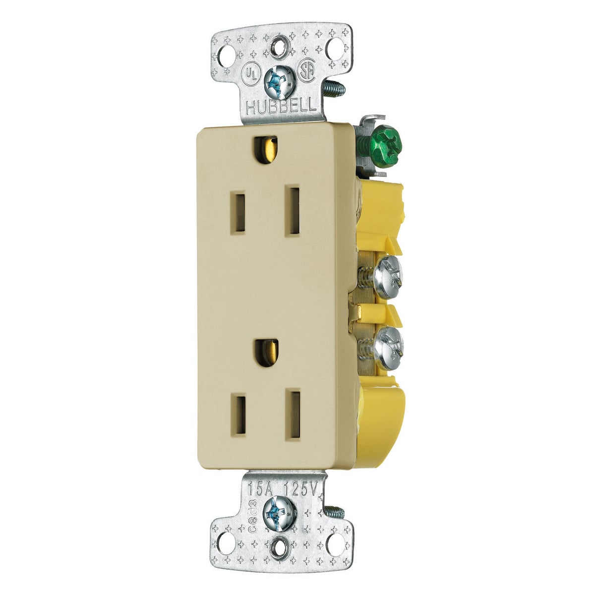 RRD15I 1-Phase Decorator Duplex Grounding Standard Straight Blade Receptacle, 125 V AC, 15 A, 2 Poles, 3 Wires, Ivory
