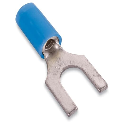 RB1153 Sta-Kon RB Series Insulated Fork Terminal, 18 to 14 AWG Conductor, 0.87 in L, Brazed Seam/Serrated Barrel, Copper, Blue