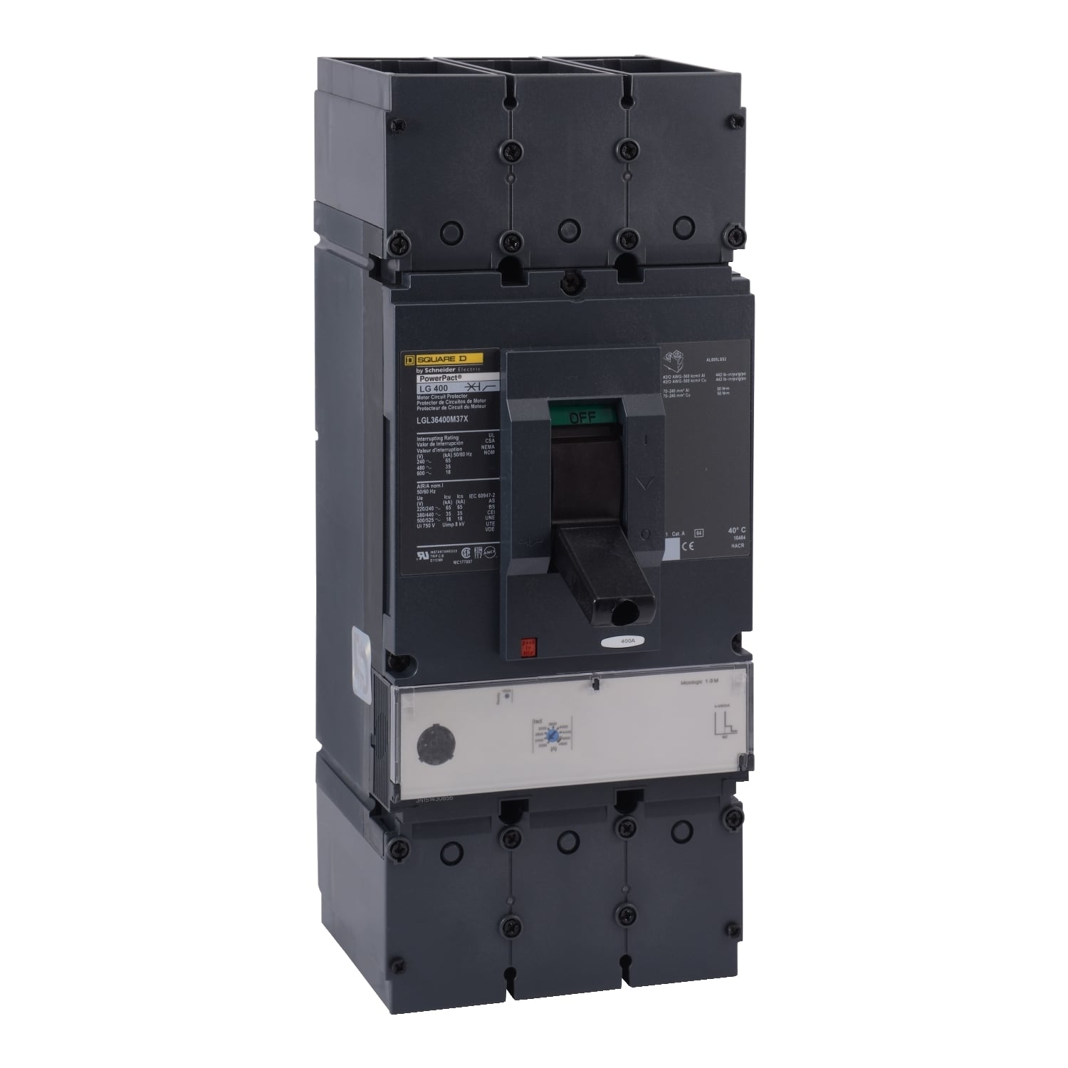 LLL36400M37X PowerPact Motor Circuit Protector, 600 V AC, 400 A, 50 kA at 600 V AC/100 kA at 480 V AC/125 kA at 240 V AC Interrupt, 3 Poles, Magnetic Trip