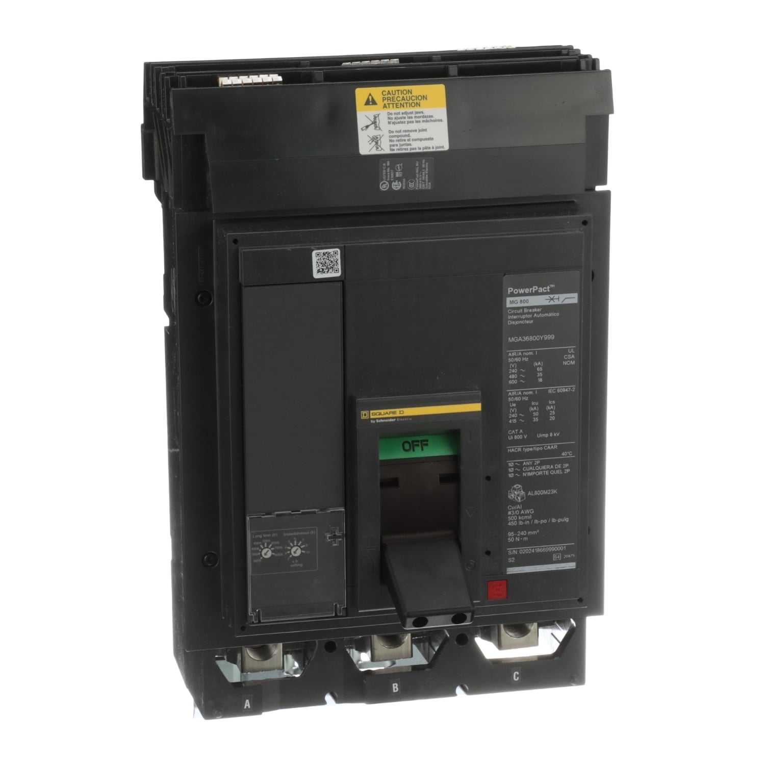 MGA36800E10 Series Circuit Breaker, 600 V AC, 300-800 A, 35 to 60 kA interrupt, 3 poles, Magnetic trip