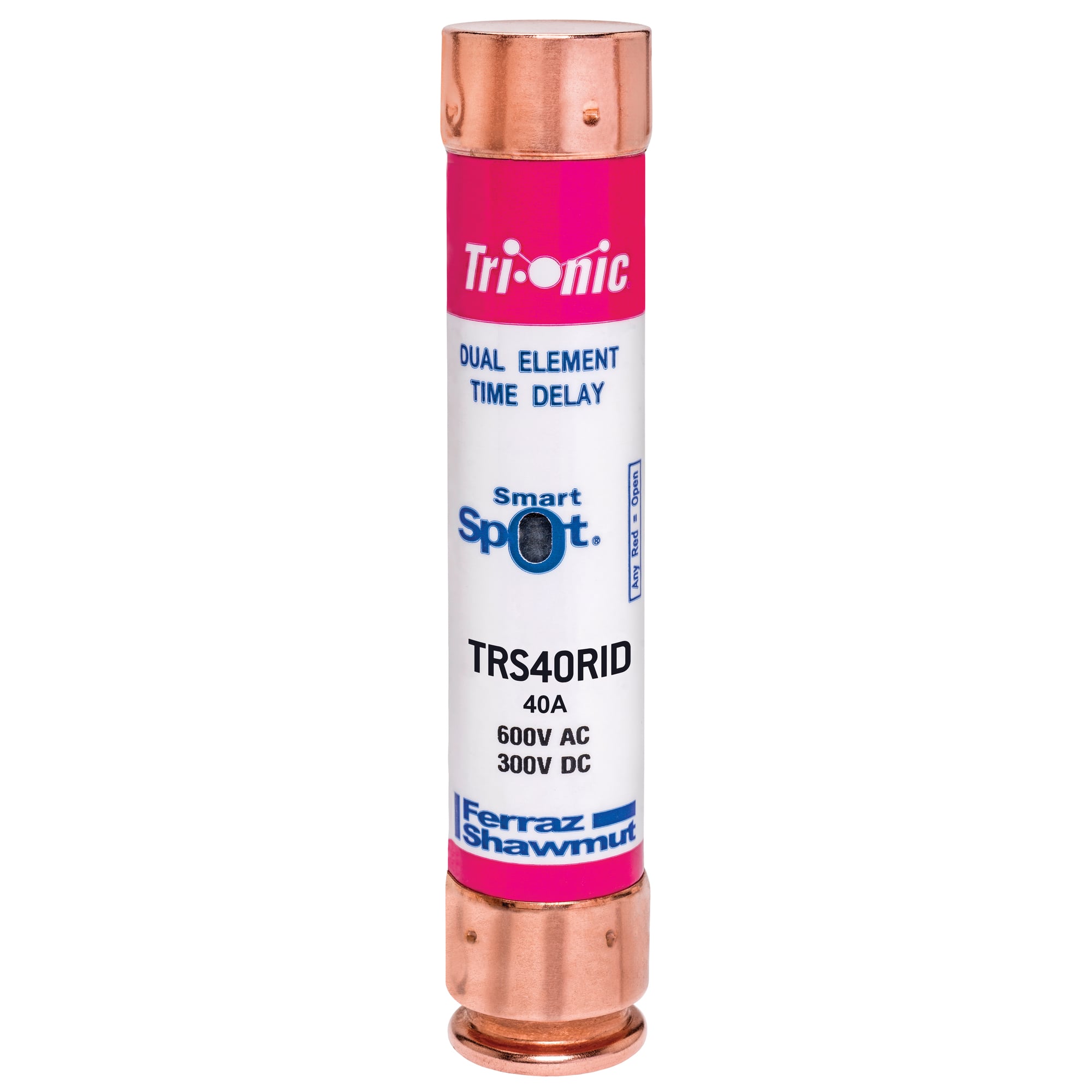 TRS40RID Tri-Onic Current Limiting Low Voltage Time Delay Fuse, 40 A, 600 V AC/300 V DC, 200/20 kA Interrupt, RK5 Class, Cylindrical Body