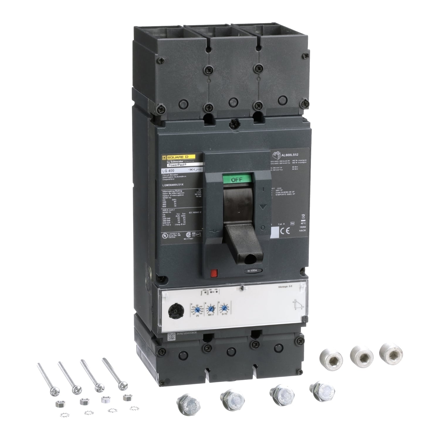 LJM36600U31X PowerPact Standard L Molded Case Circuit Breaker, 600 V AC, 600 A, 100 kA at 240 V AC/65 kA at 480 V AC/25 kA at 600 V AC Interrupt, 3 Poles, Electronic Trip