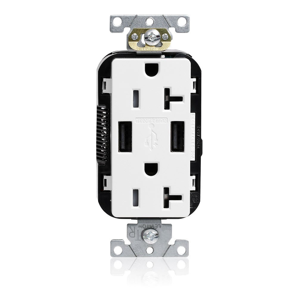 M58AA-W Decora Plus Lev-Lok Combination Heavy Duty Self-Grounding Smooth Face Tamper-Resistant Duplex Receptacle and USB Charger, 125 V AC, 20 A, 2 Poles, 3 Wires, White