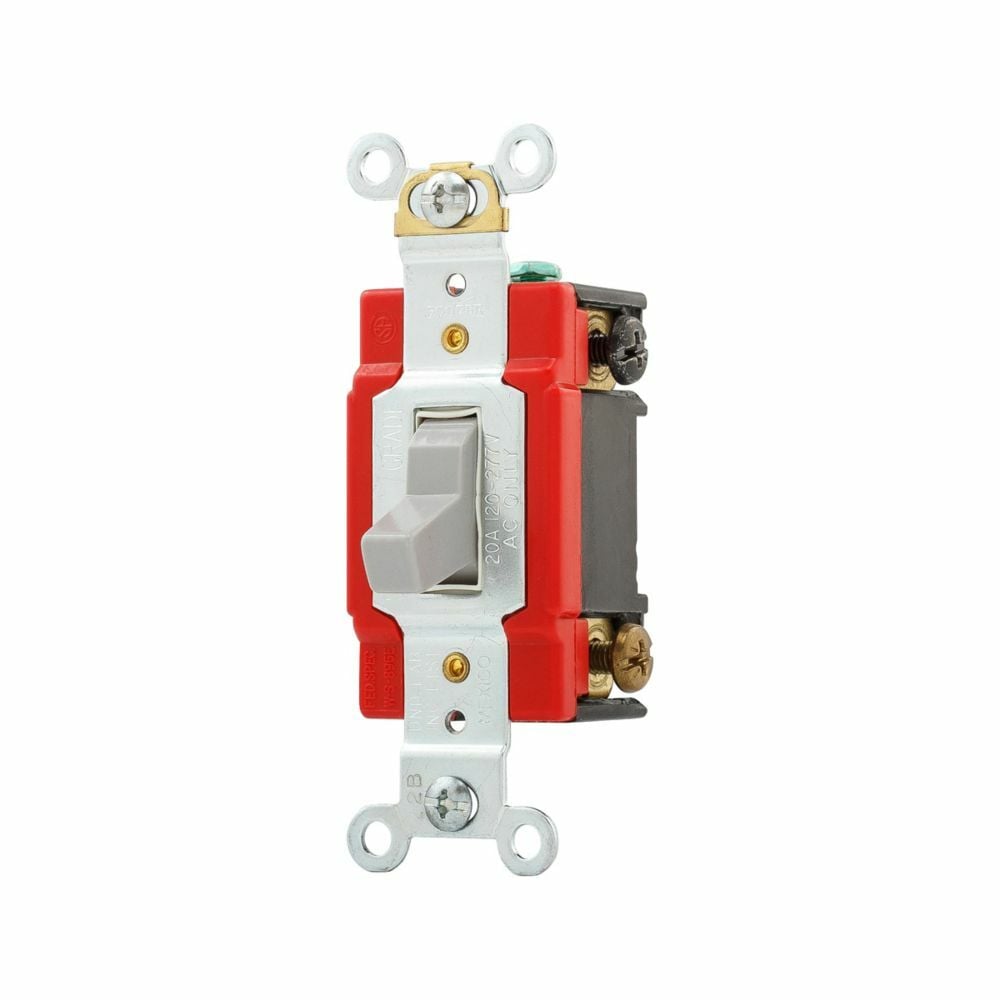 Eaton Arrow Hart industrial grade toggle switch, #14-10 AWG, 20A, Industrial, Wall, 120/277V, Back and side, Screw, Gray, Three-Way, Brass, Terminals: 0.031 in, Polycarbonate
