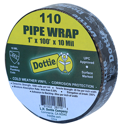110 Pipe Adhesive Wrap, 100 ft L x 1 in W, 10 mil THK, PVC Adhesive, Rubber Resin Backing, Black