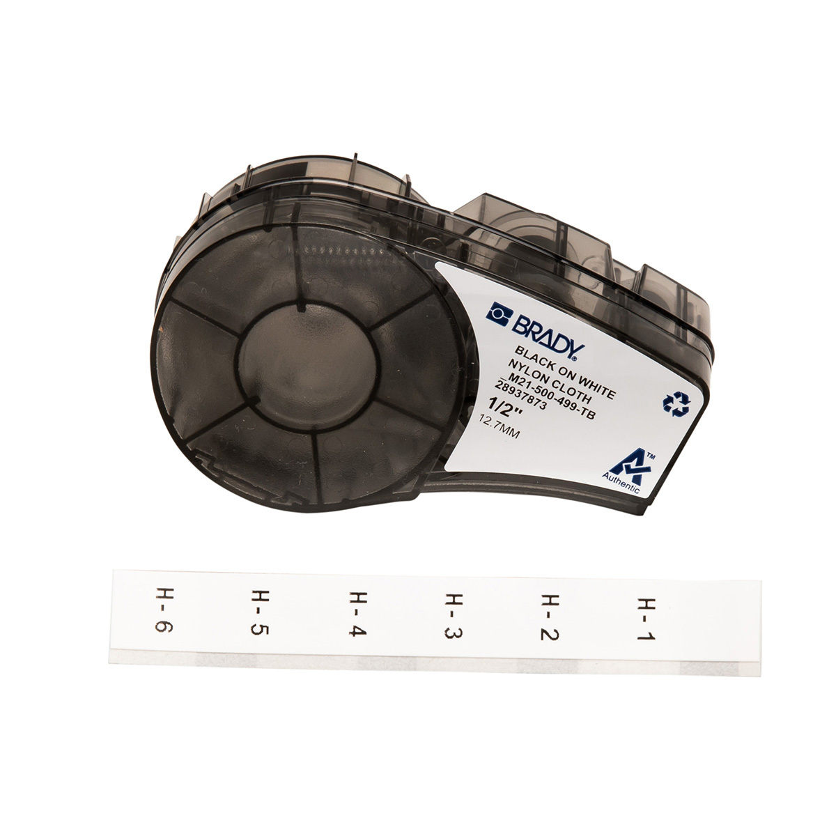 M21-500-499-TB BMP21 Cartridge Label, 16 ft L x 1/2 in W, Black on White, B-499 Polyamide Coated Nylon Cloth