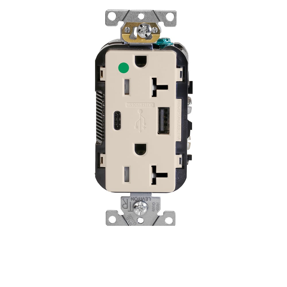 T5833-HGT Decora Plus Combination Heavy Duty Self-Grounding Smooth Face Tamper-Resistant Duplex Receptacle and USB Charger, 125 V AC, 20 A, 2 Poles, 3 Wires, Light Almond