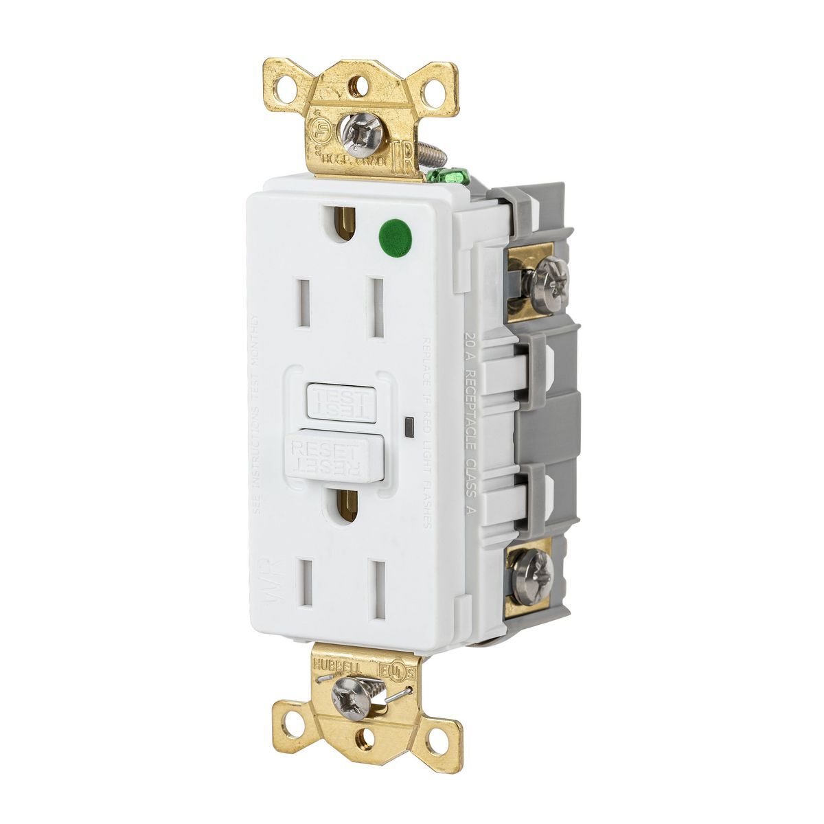 GFRTW82W Heavy Duty GFCI Receptacle, 125 V AC, 15 A, 2 Poles, 3 Wires, White