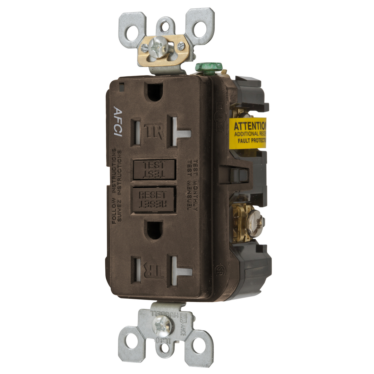 AFR20TR Duplex Tamper-Resistant AFCI Receptacle, 125 V AC, 20 A, 2 Poles, 3 Wires, Brown